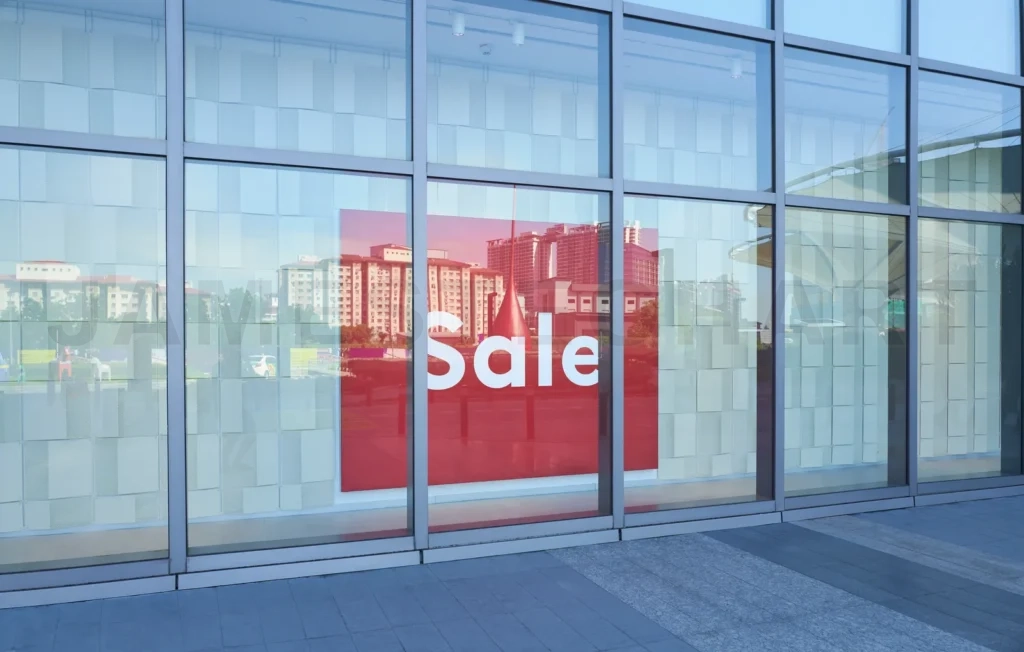 
Poster with sale on wall glass window in shopping center