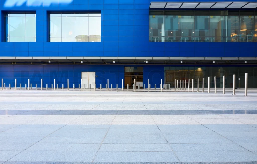 
Empty streets and exteriors of shopping mall buildings in the ci