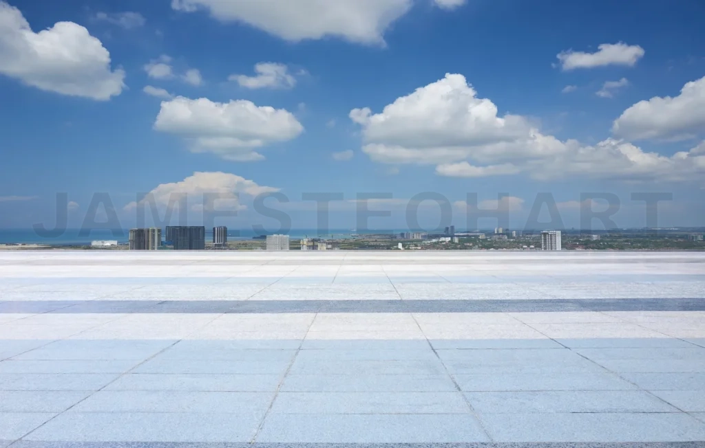 
Vast open space, empty floor and city