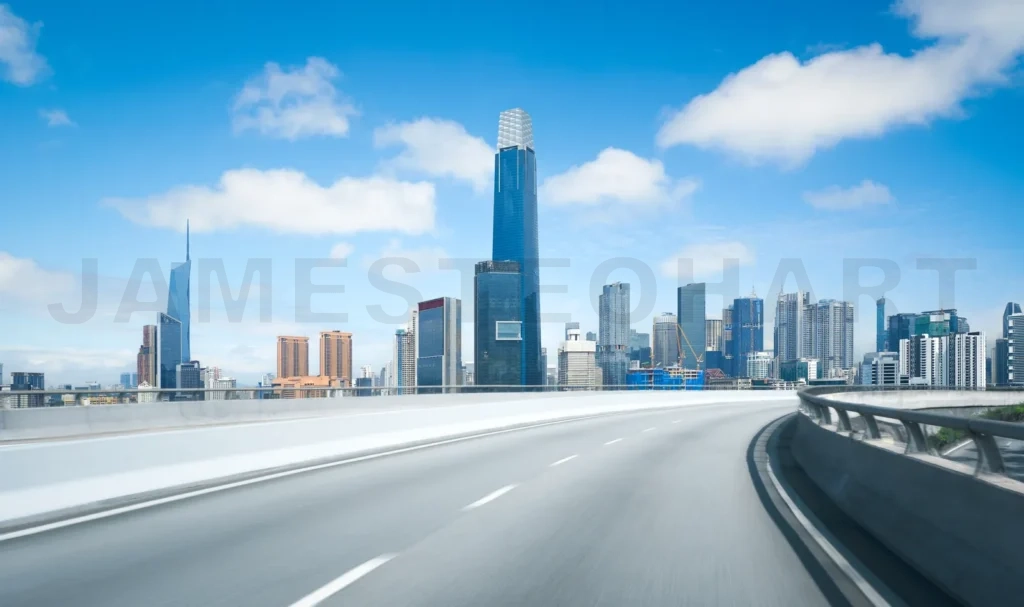 
Highway overpass motion blur with modern city skyline in Kuala L