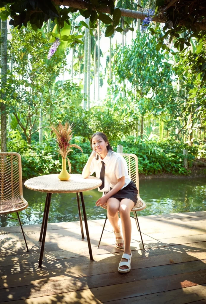 
Young girl traveling on vacation in a relaxing place with beauti