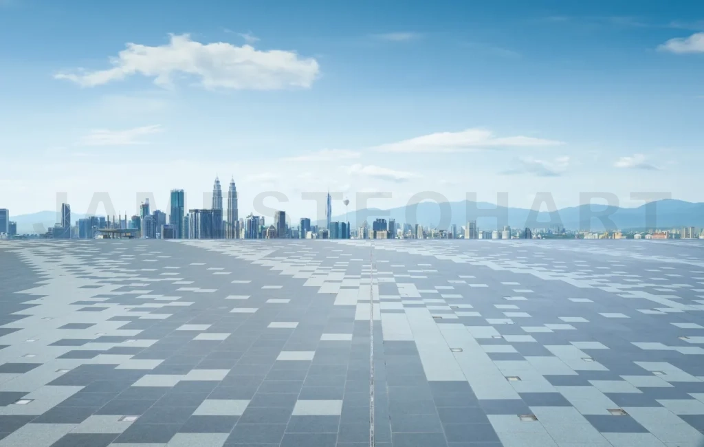 
Empty square floor with city skyline