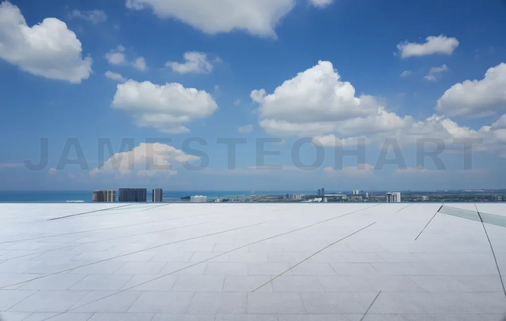 
Empty floor with city skyline