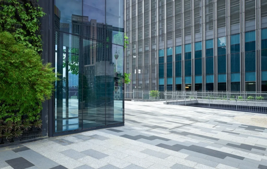 
Business center glass wall and green decoration