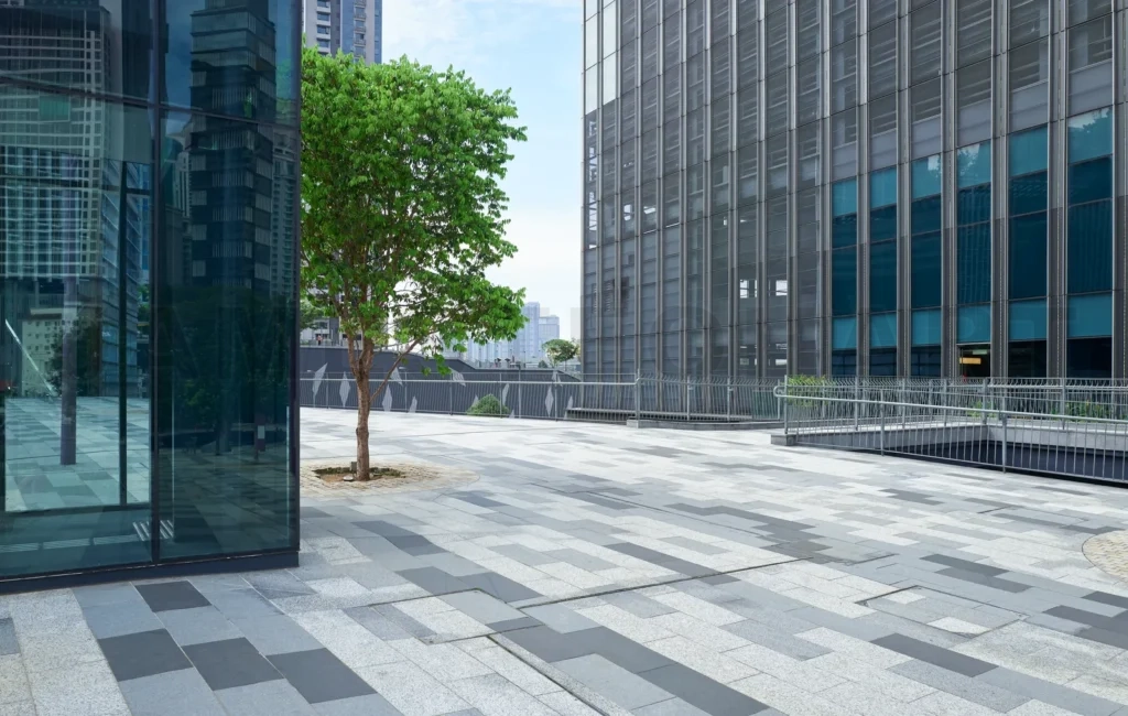 
Business center glass walls and green plants