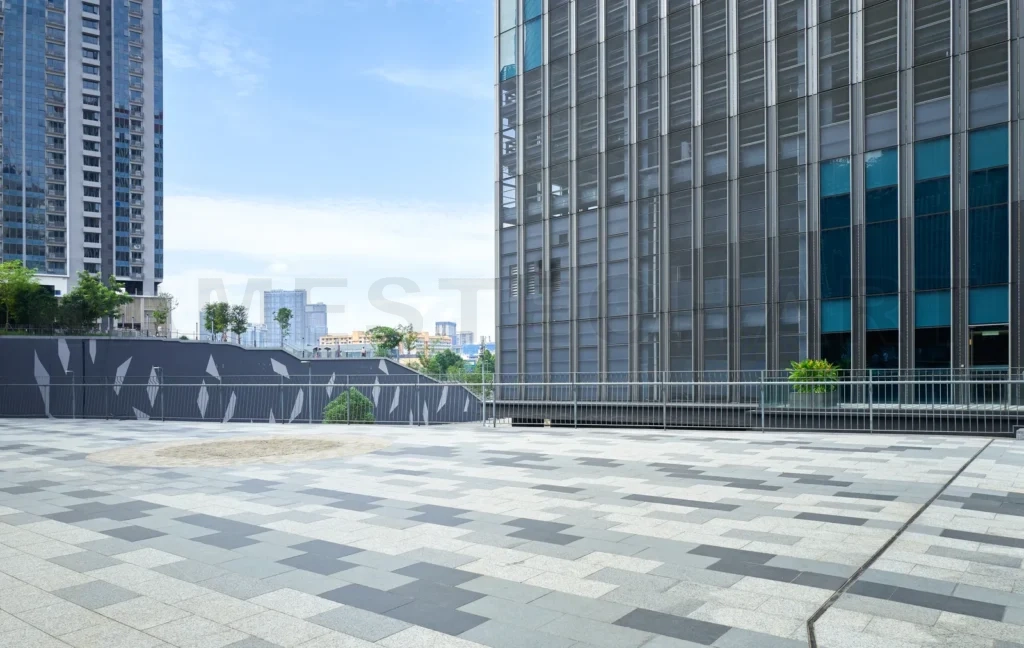 
Empty floor with modern business building