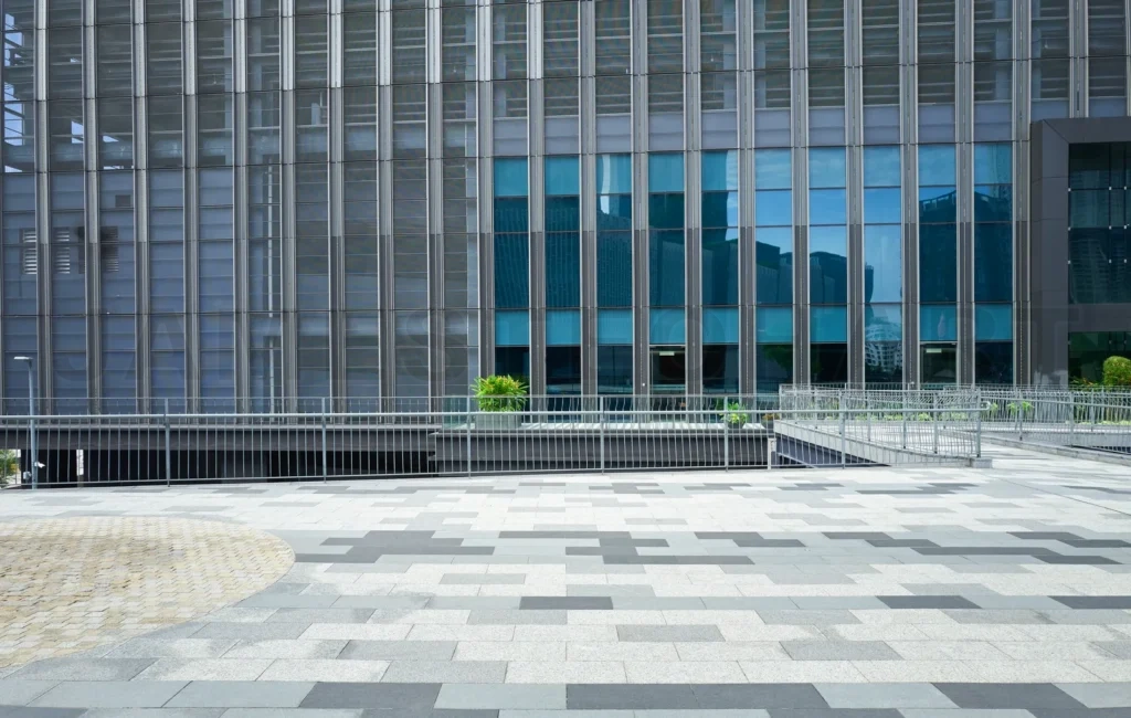 
Empty floor with modern business building