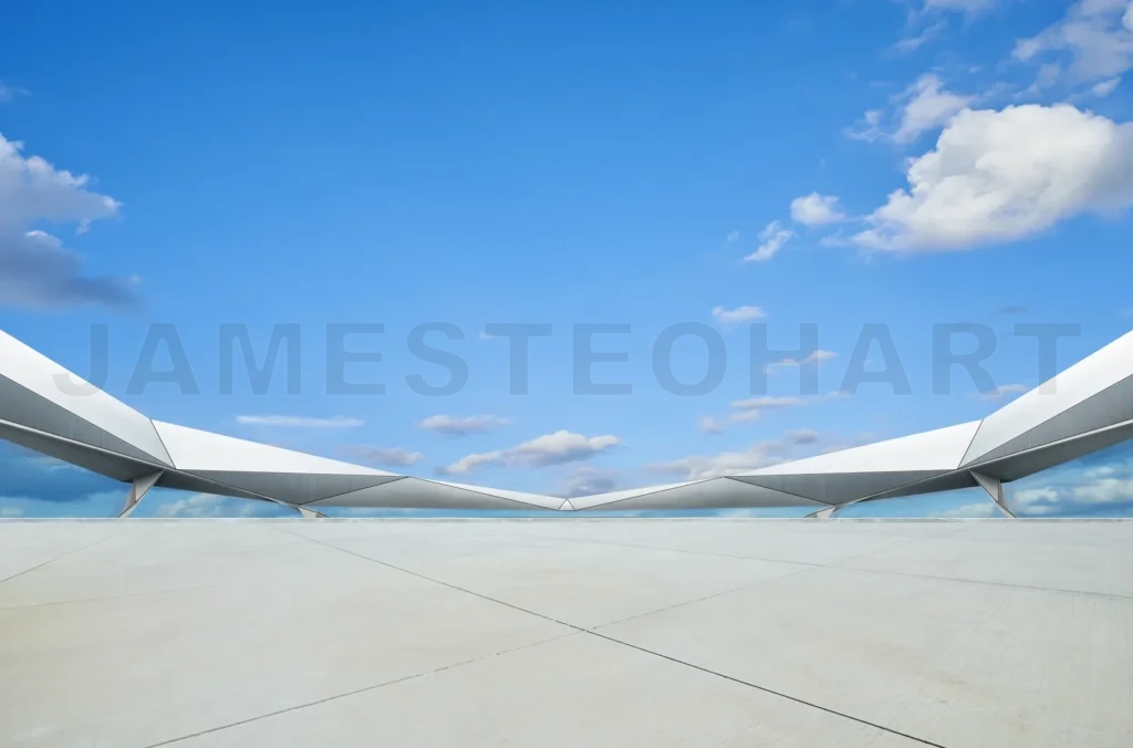 
Empty floor with futuristic steel design railings and beautiful