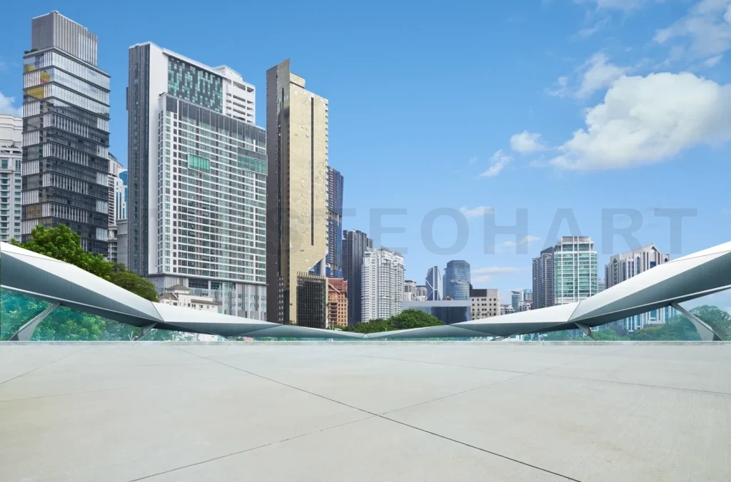
Empty floor with futuristic steel design railings and modern cit