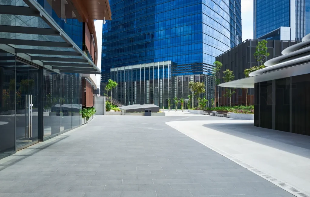 
Modern commercial buildings with empty floors and tress