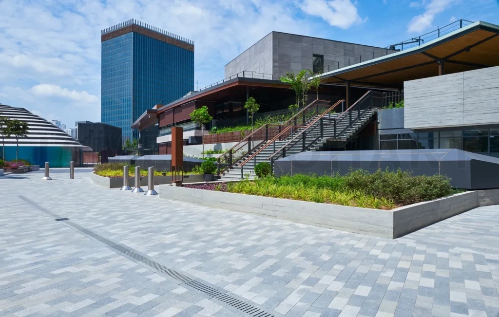 
Modern business district featuring office buildings, green space