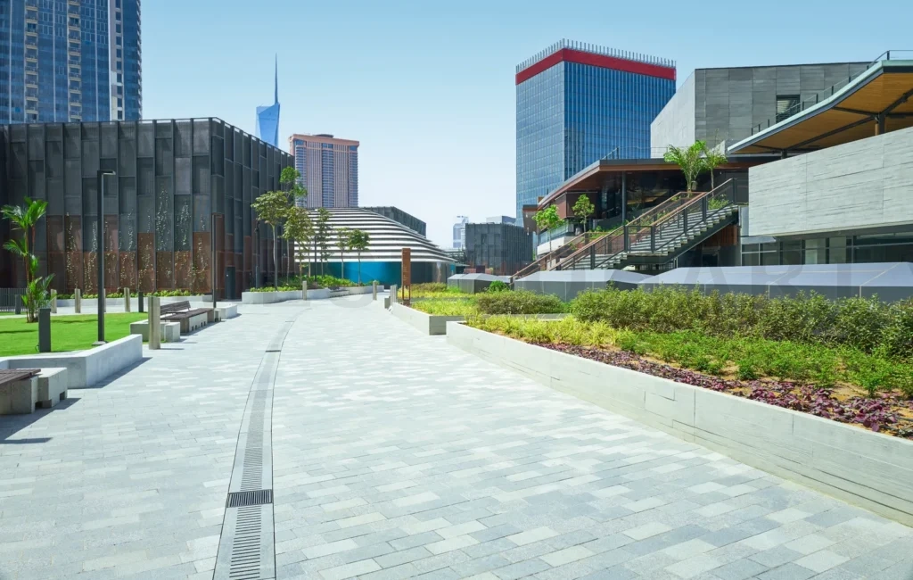 
Empty modern city park with benches and skyscrapers