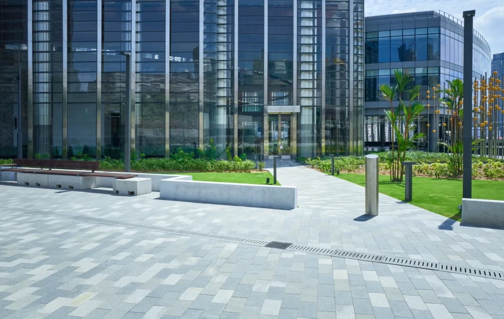 
Empty floor with steel and glass facade office building exterior