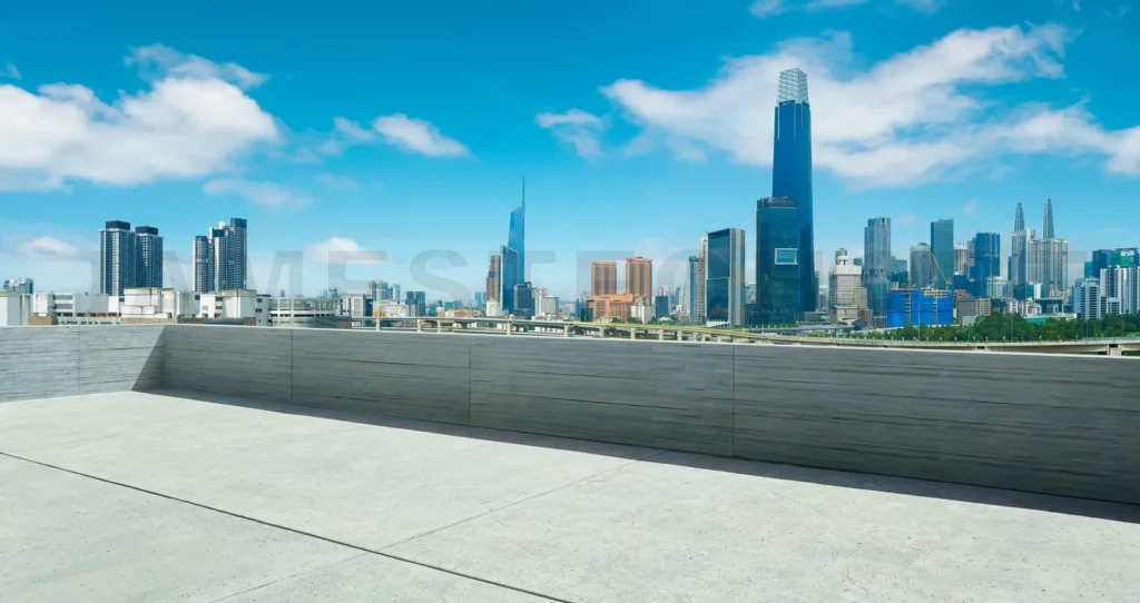 
Panoramic skyline overlooking empty plaza in modern city