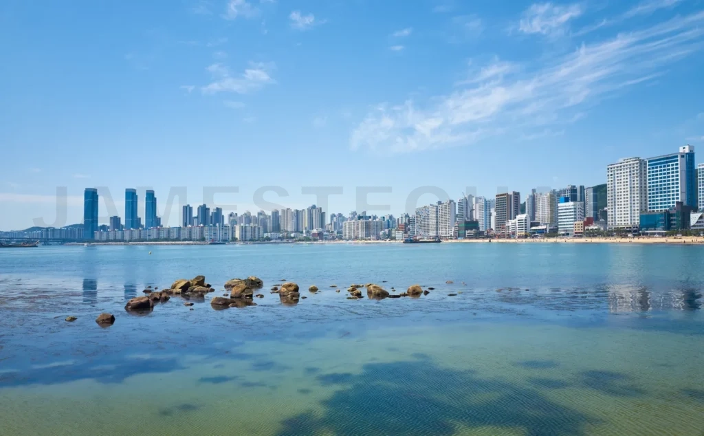 
Busan skyline reflecting in calm sea under blue sky