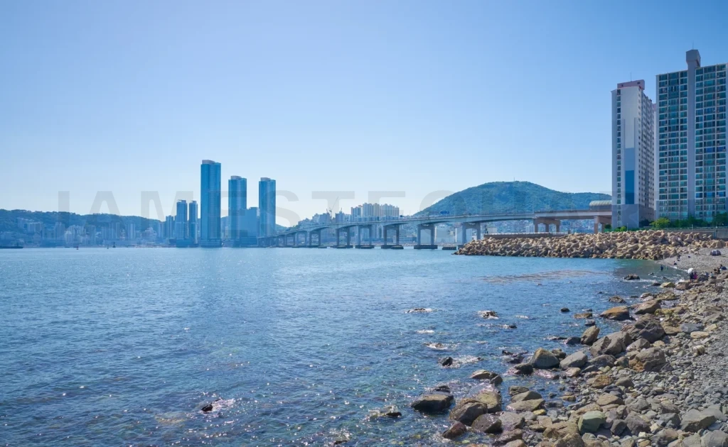 
Gwangan bridge stretching across calm waters in busan, south kor