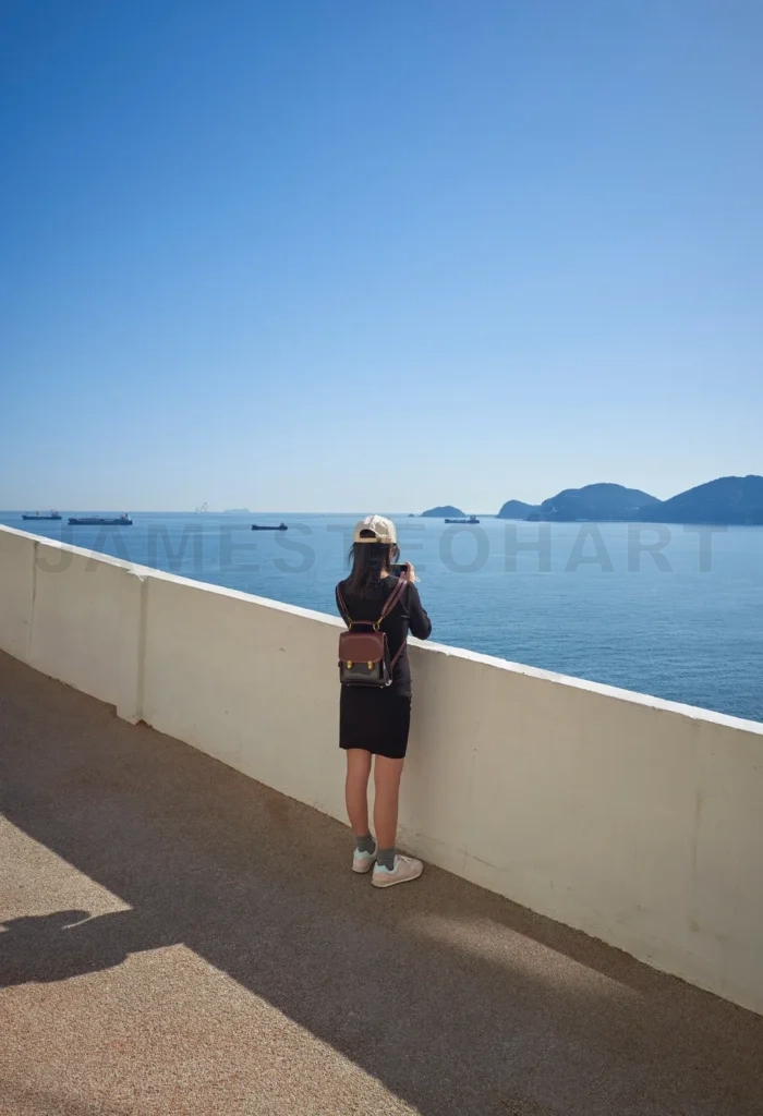 
Tourist taking pictures of cargo ships in busan, south korea