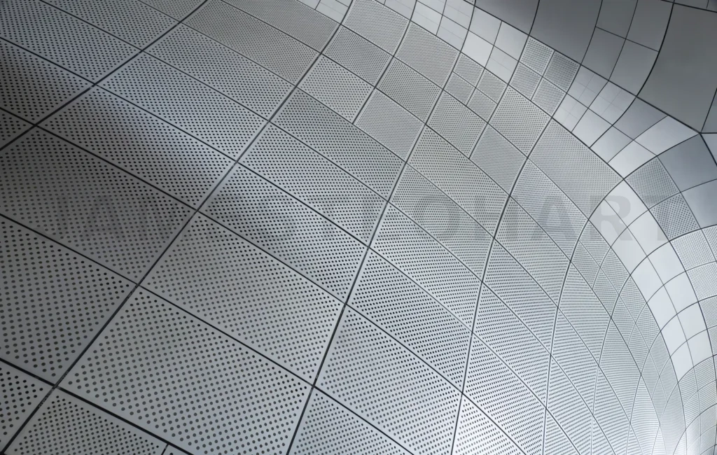 
Modern architecture showing metal panels creating curved wall