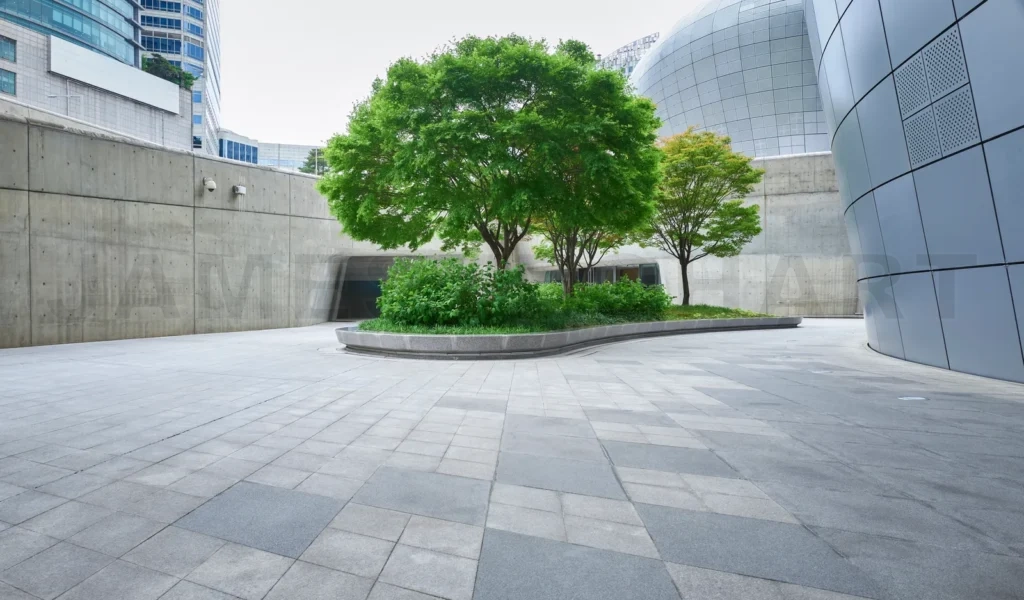 
Modern buildings surrounding trees growing in urban park