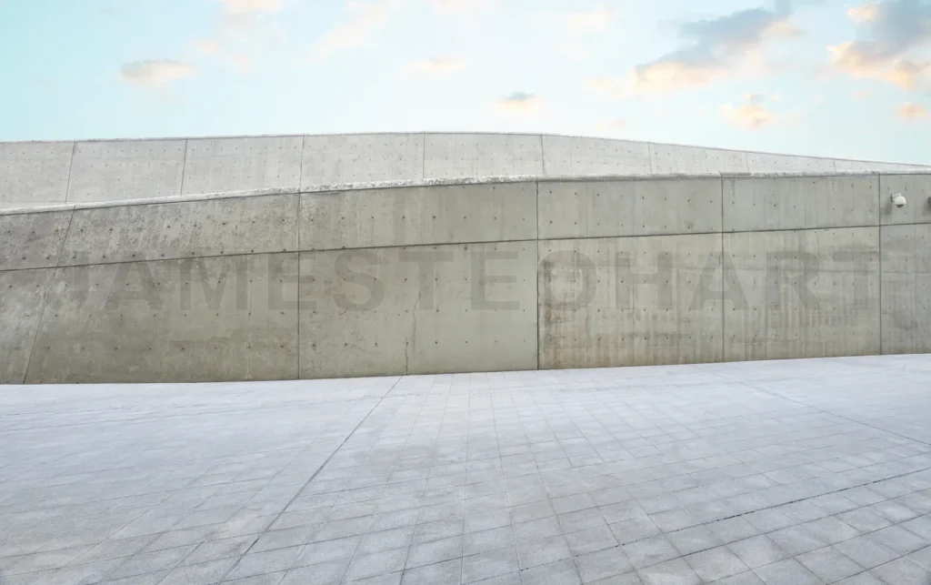 
Empty concrete floor and wall under blue sky with clouds