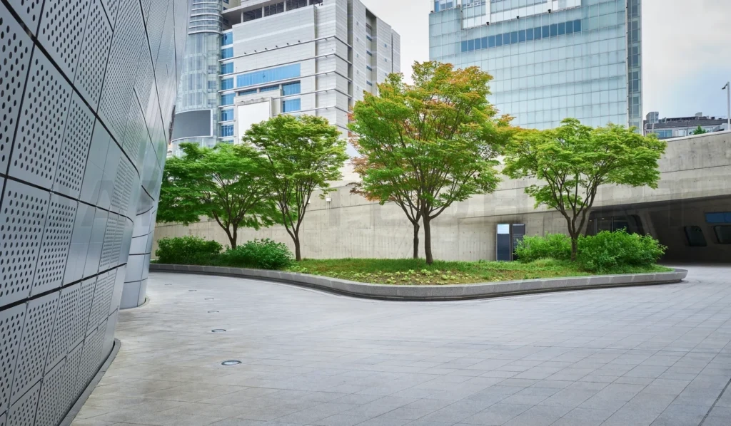 
Modern buildings surrounding a peaceful green space