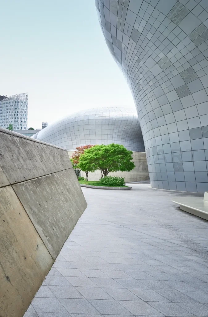 
Modern architecture building exterior with trees growing outside
