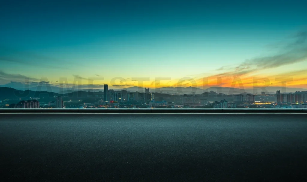 
Asphalt Empty Road Side With Dramatic Orange Color Sunrise Sky Background