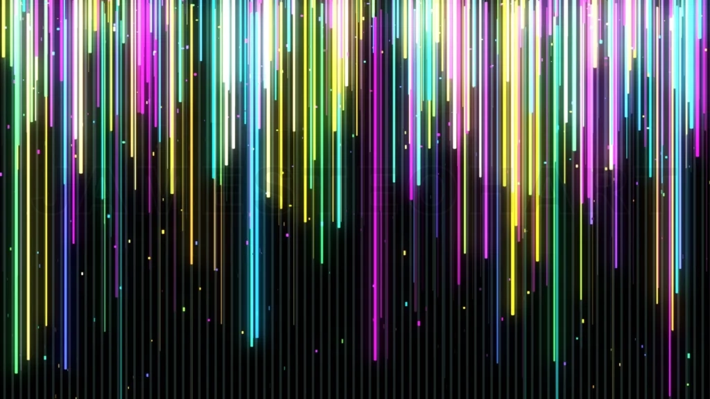 
Colorful neon light trails falling on black background