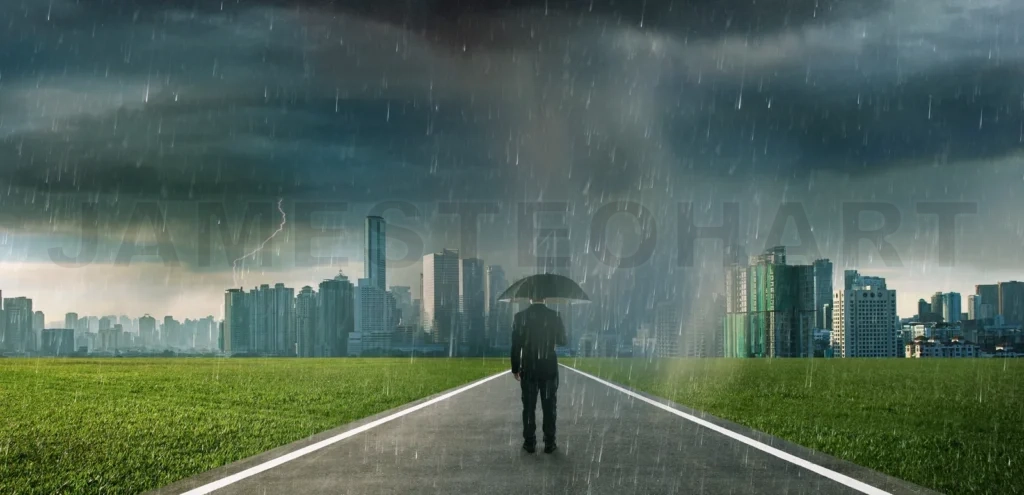 
Businessman Below Storm Rain With Umbrella , Risk And Crisis Concept