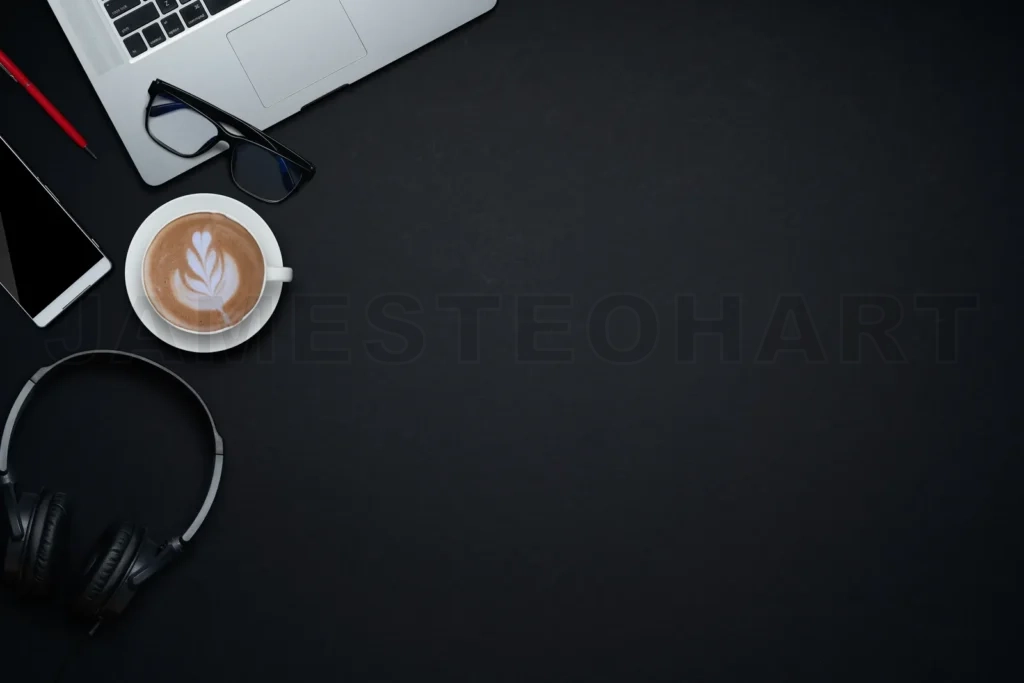 
Creative workspace flat lay with laptop and coffee