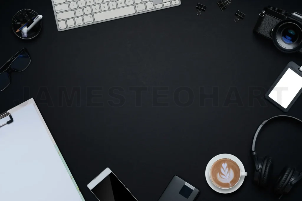 
Creative workspace desk with technology and coffee flat lay