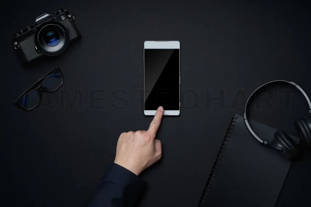 
Hand touching smartphone on creative professional dark desk