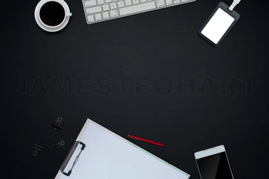 
Employee desk setup for office work overhead