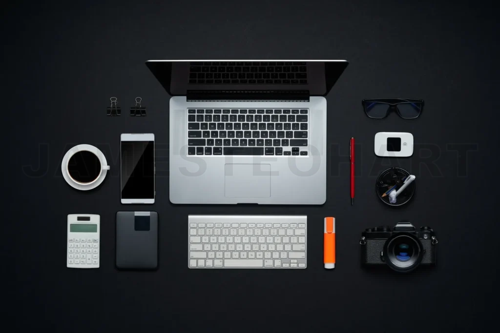 
Modern workspace arrangement with laptop, gadgets, and creative equipment