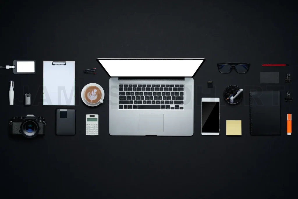 
Creative professional workspace flat lay with technology objects