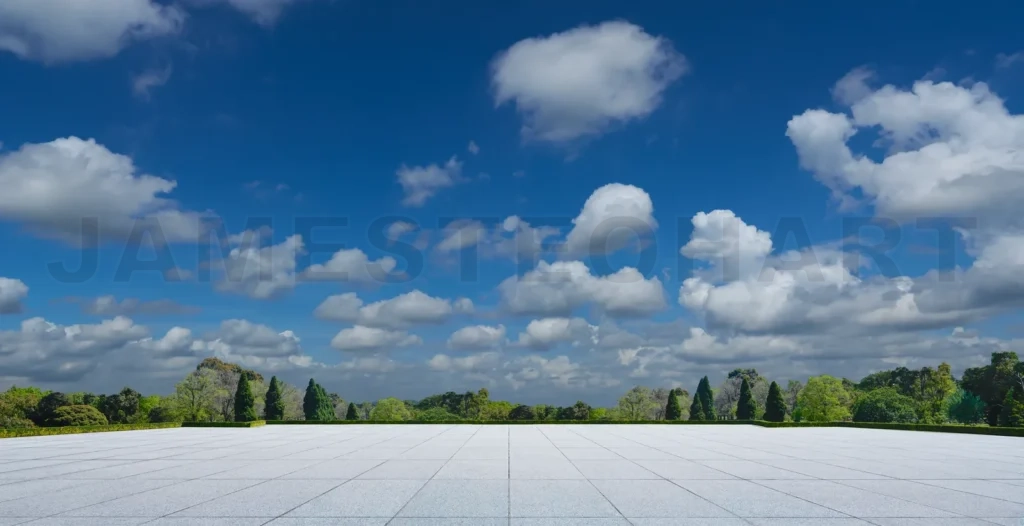 
Empty square ground floor tiles showing beautiful park view with