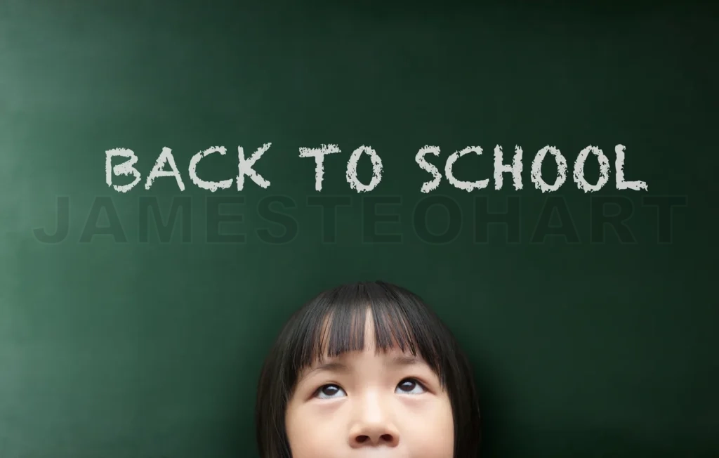
Little Girl With Back To School Concept On The Blackboard Background