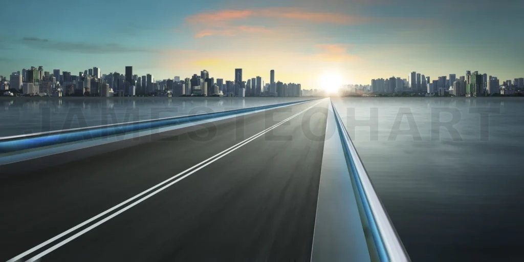 
Highway Overpass Motion Blur With City Skyline Background