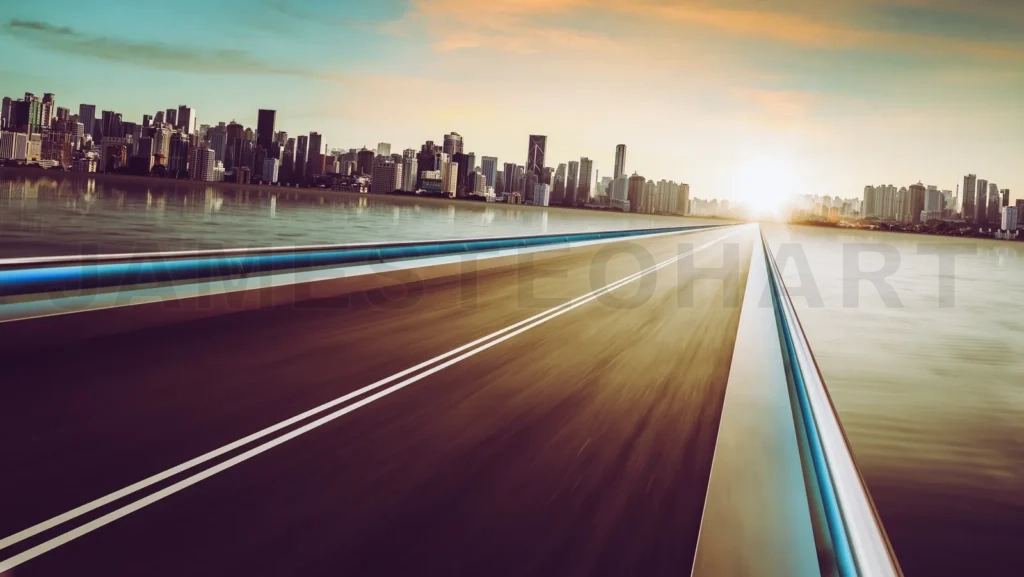 
Highway Overpass Motion Blur With City Skyline Background