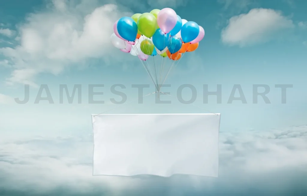 
White Advertising Blank Banner Floating In Sky With Bunch Of Colorful Balloons