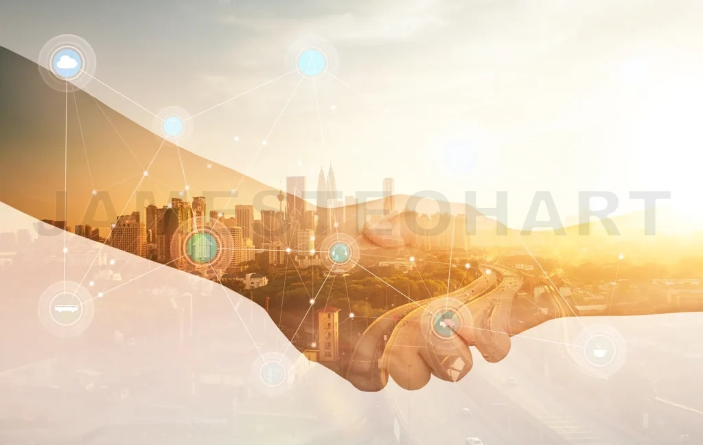 
Double Exposure Of Image Of Businessmen Hand Shake, Concept Of Network Connection In Urban Life