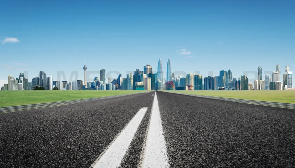 
Modern Asphalt Road Through Modern City Skyline