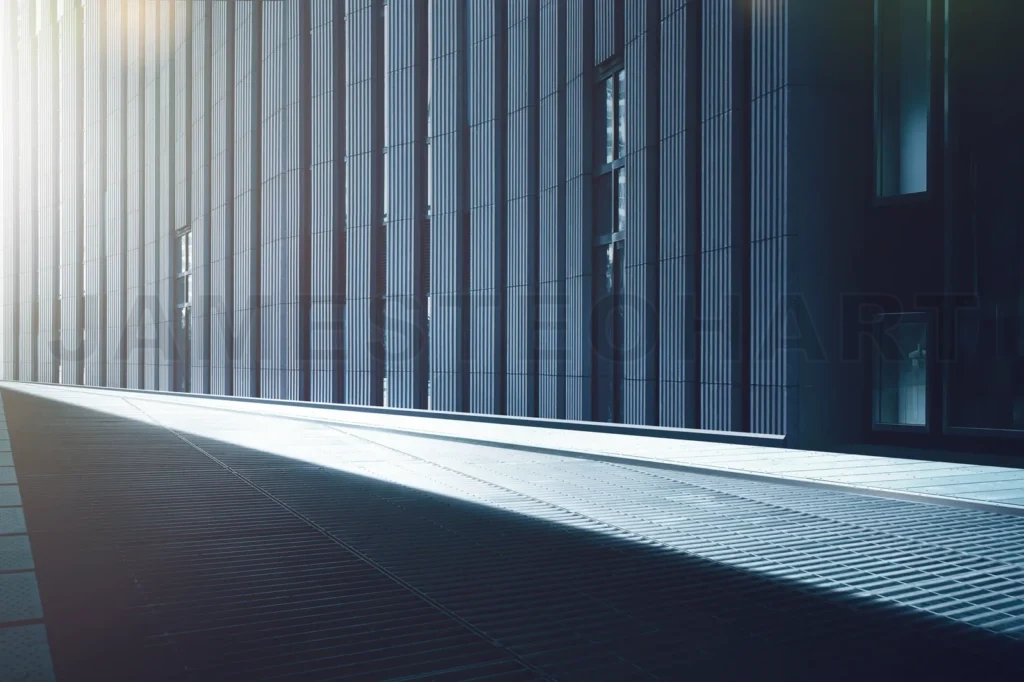
Empty Street View Of Facade With Metal And Stripes Design Construction In Modern Building
