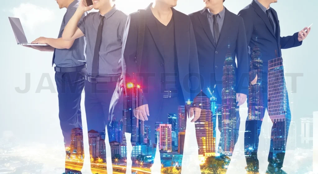 
Closeup Business Partner Team Standing With Night Cityscape Double Exposure Effect