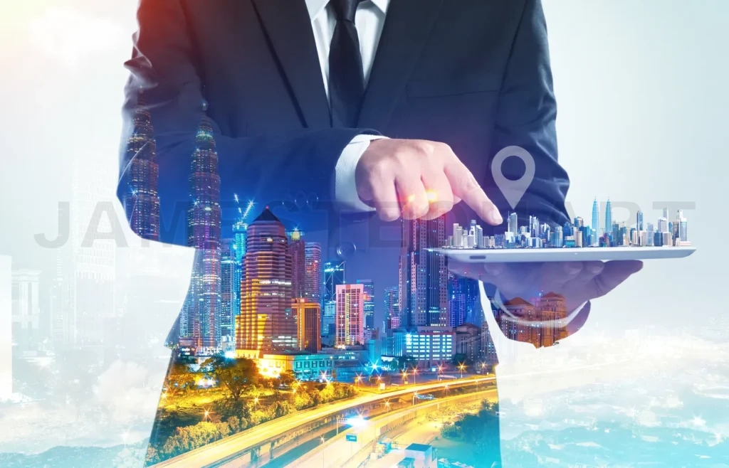 
Success Businessman Using Digital Tablet Show The Home On Virtual Screen With Night Cityscape Double Exposure Effect