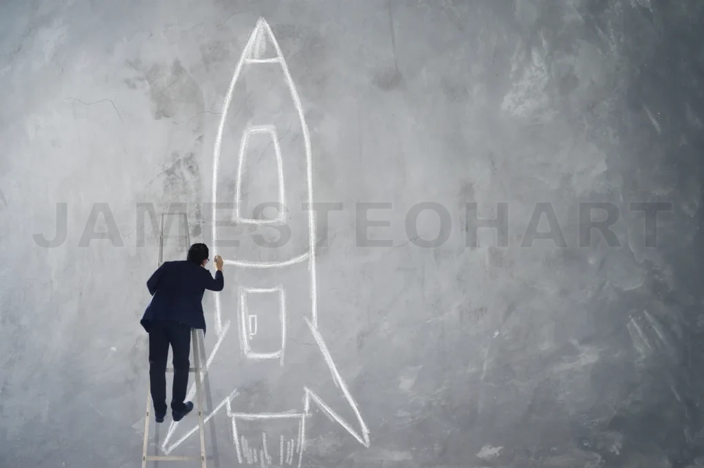 
Businessman Climb Stair Drawing Rocket Sketch On Wall , Success, Leader And Winner Concept