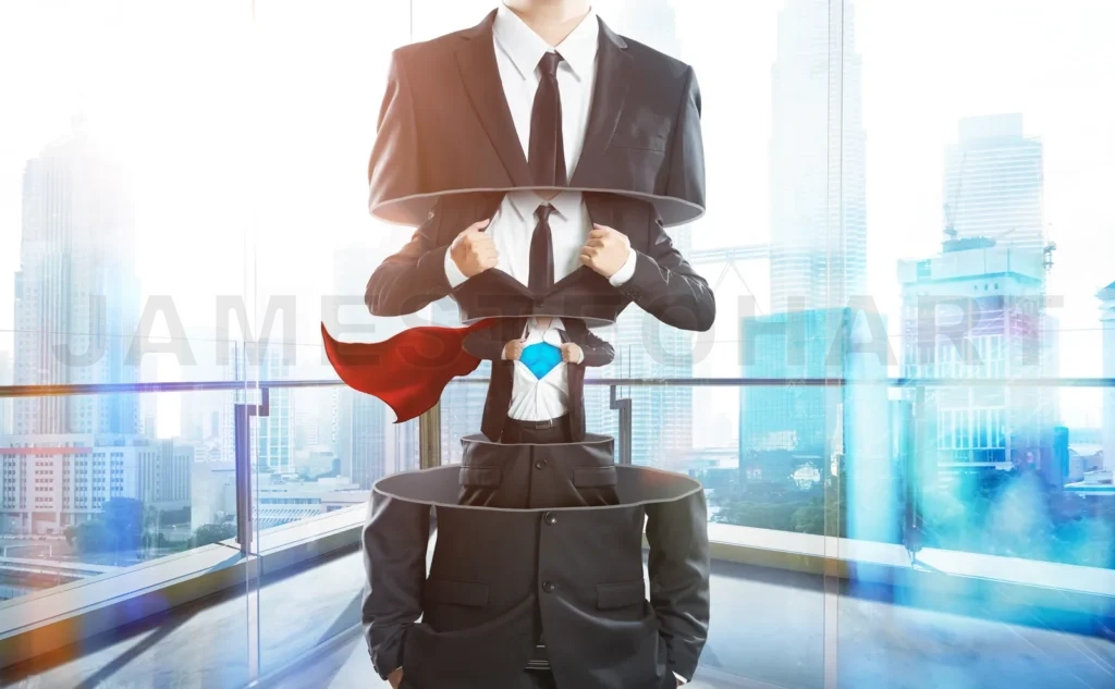 
Businessman In Suit Transform To Super Hero From Layer To Layer ,Hard Work And Successful Businessman Concept