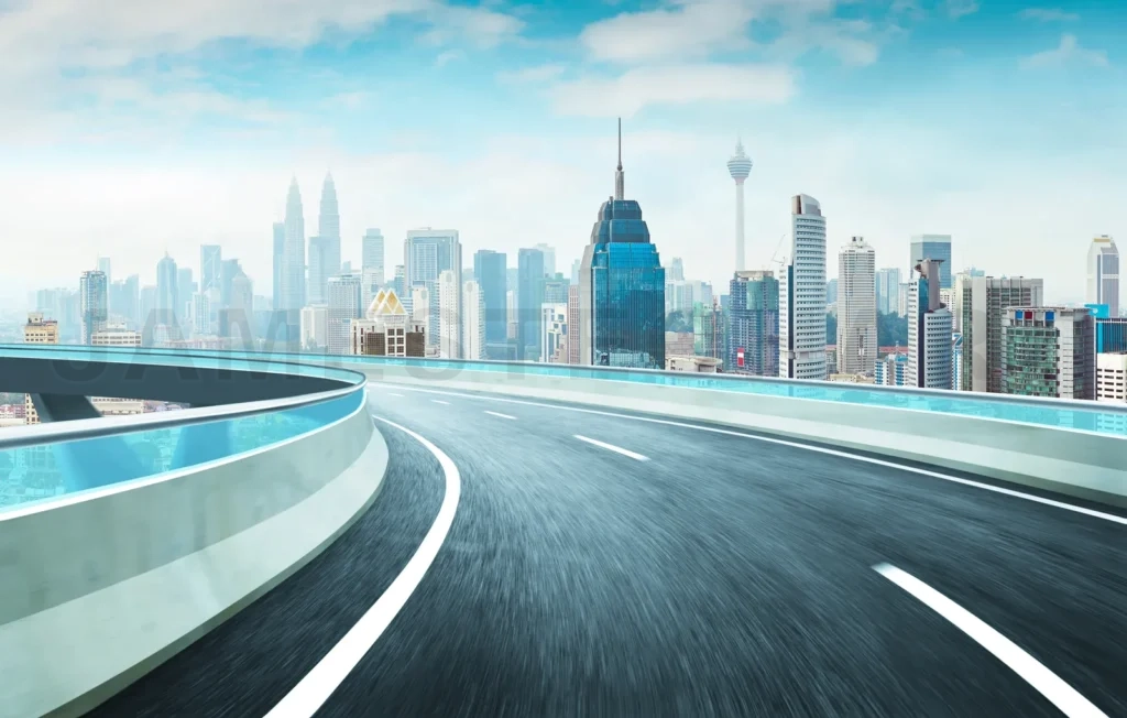 
Highway Overpass Motion Blur Effect With Modern City Skyline Background