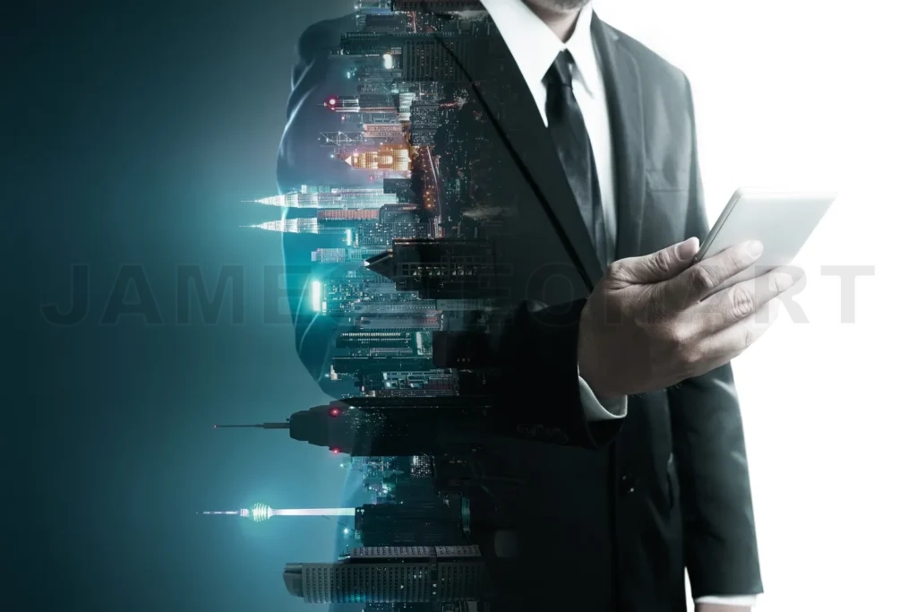 
Abstract Double Exposure Image Of Businessman Man Using Mobile Smart Phone Mix With Flip Night Creative City Background