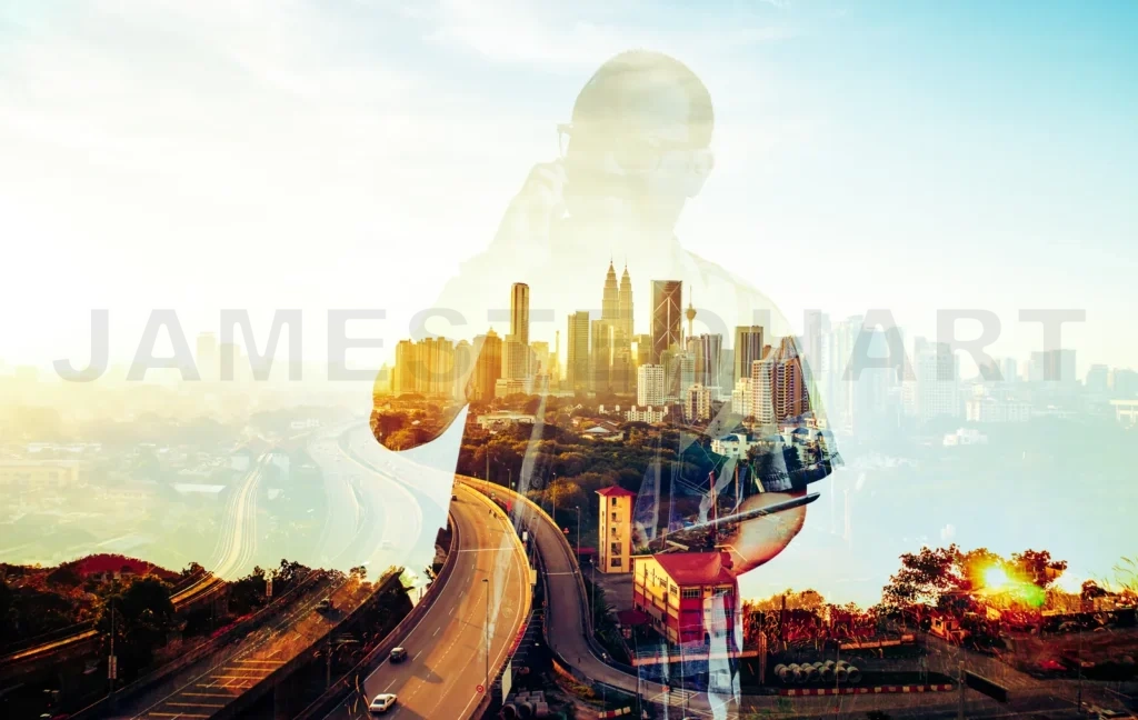 
Double Exposure Of A Businessman And A Panoramic View Contemporary City ,Using A Smart Phone And Tablet Device